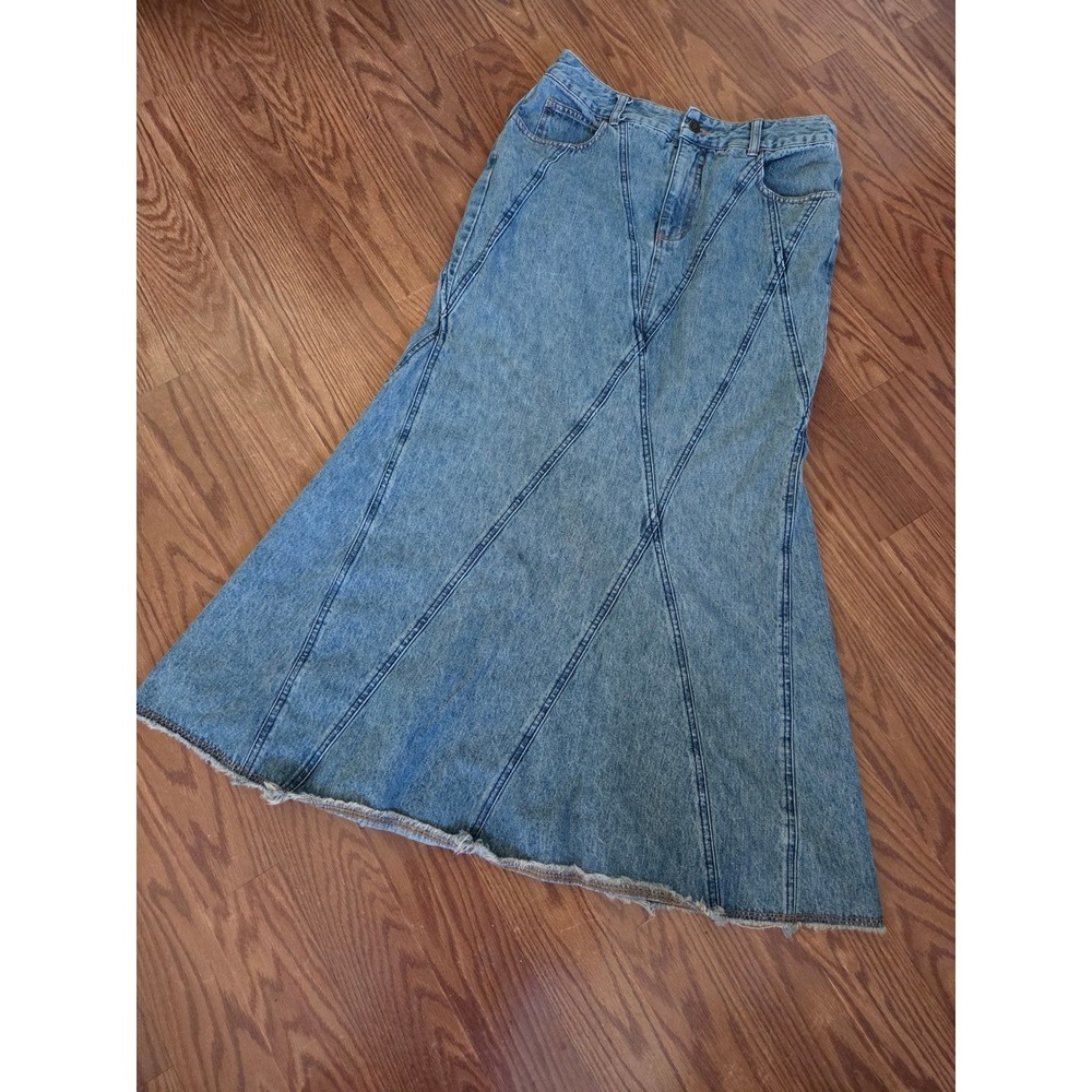 Newport News Jeanology Denim Maxi Skirt Blue Paneled Seam Frayed Hem Womens 10